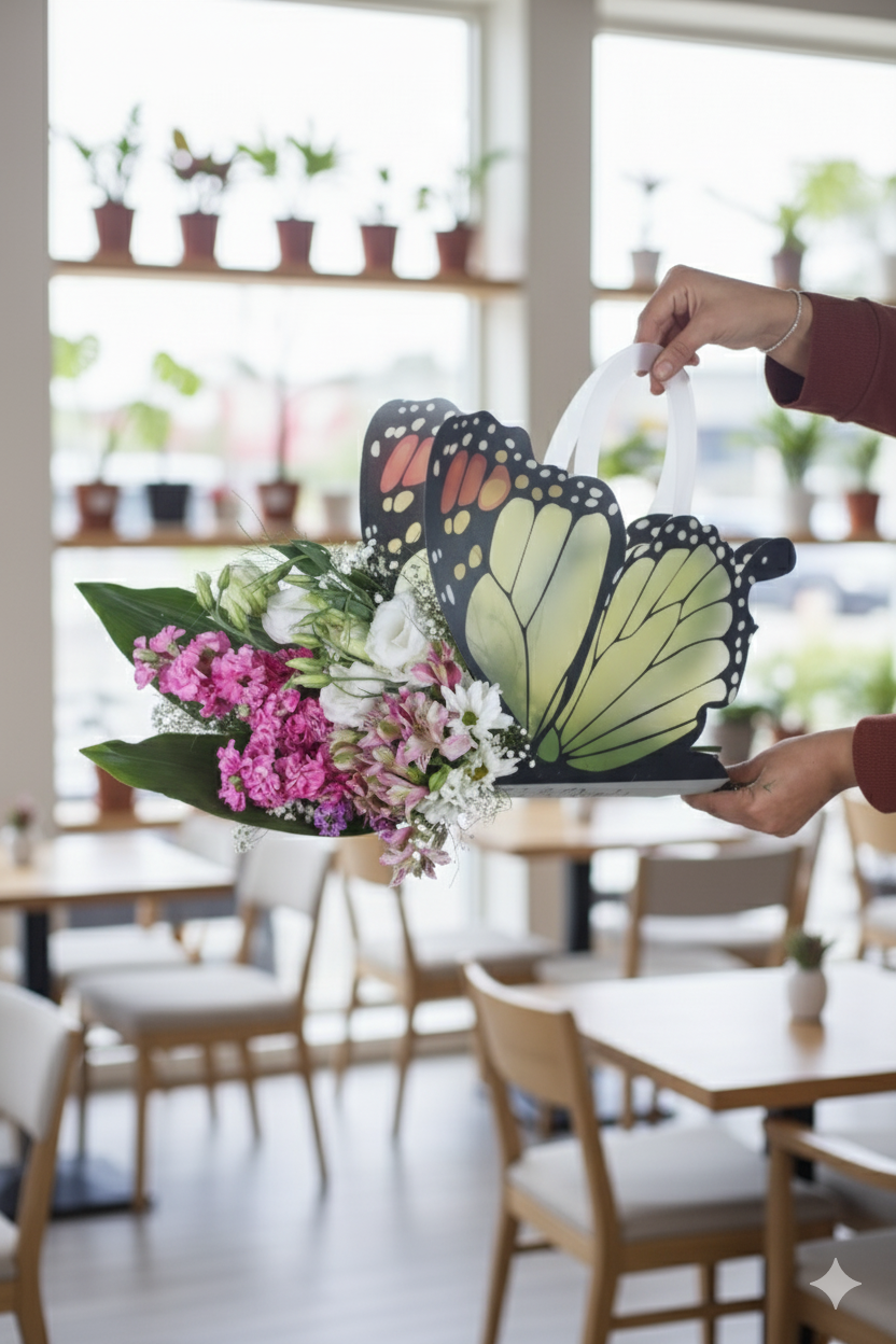 Pembe ve Beyaz Kar���k �i�ek Aranjman�  Kelebek Tasar�ml� �zel Kutuda